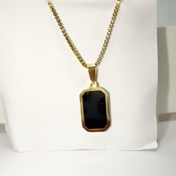 18K Gold Plated Stainless Steel Necklace Black Pendant - Picture 9 of 12
